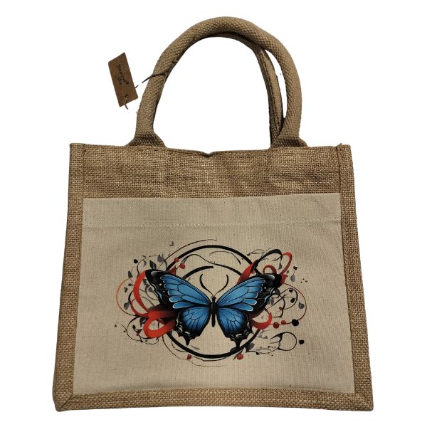 Kék pillangó pamut zsebes juta midi bevásárlótáska