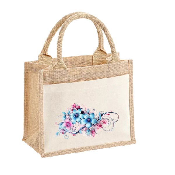 Kék virág-pamut zsebes juta midi bevásárlótáska