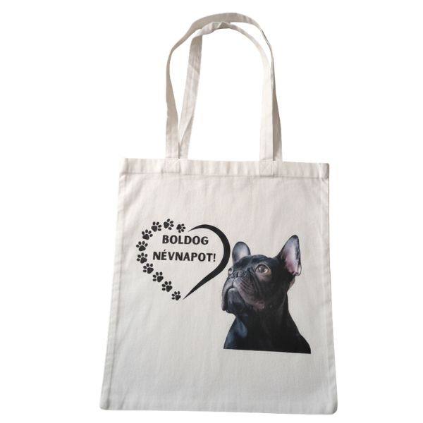 Boldog névnapot Bulldog-fehér vászontáska