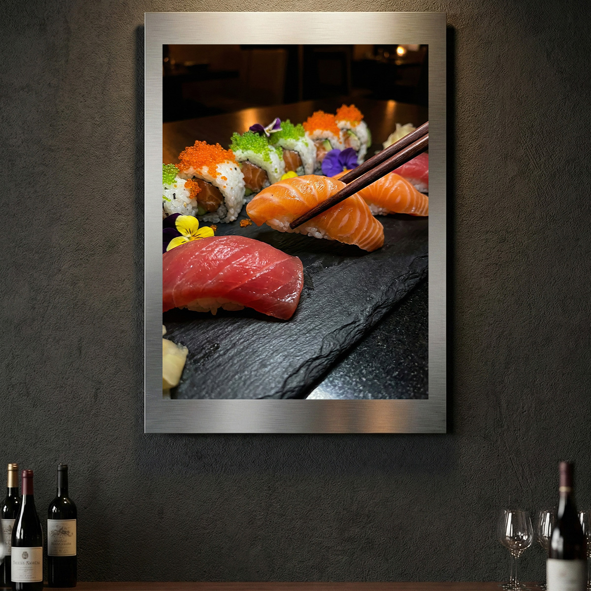 Keleti Művészet – Prémium Sushi tál alumínium falikép fúrásmentes rögzítéssel