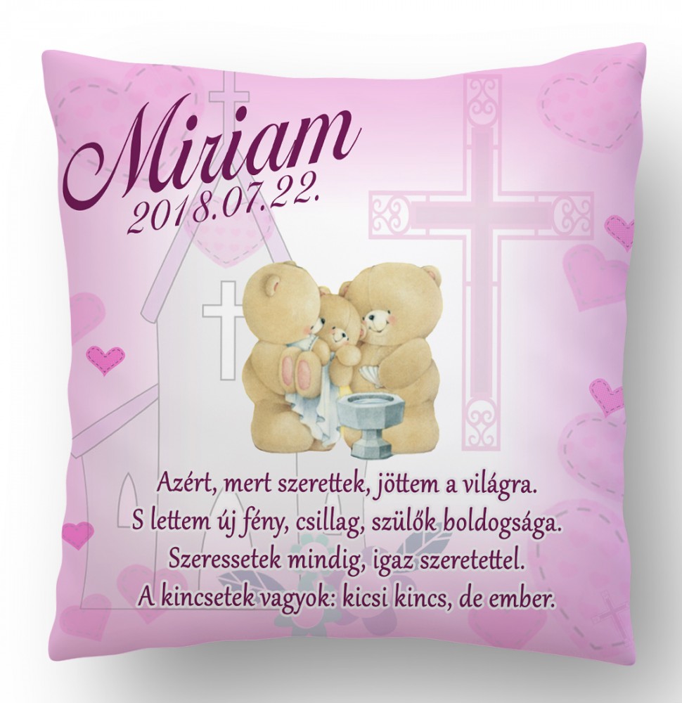 Ajándék párna Keresztelőre rózsaszín macis