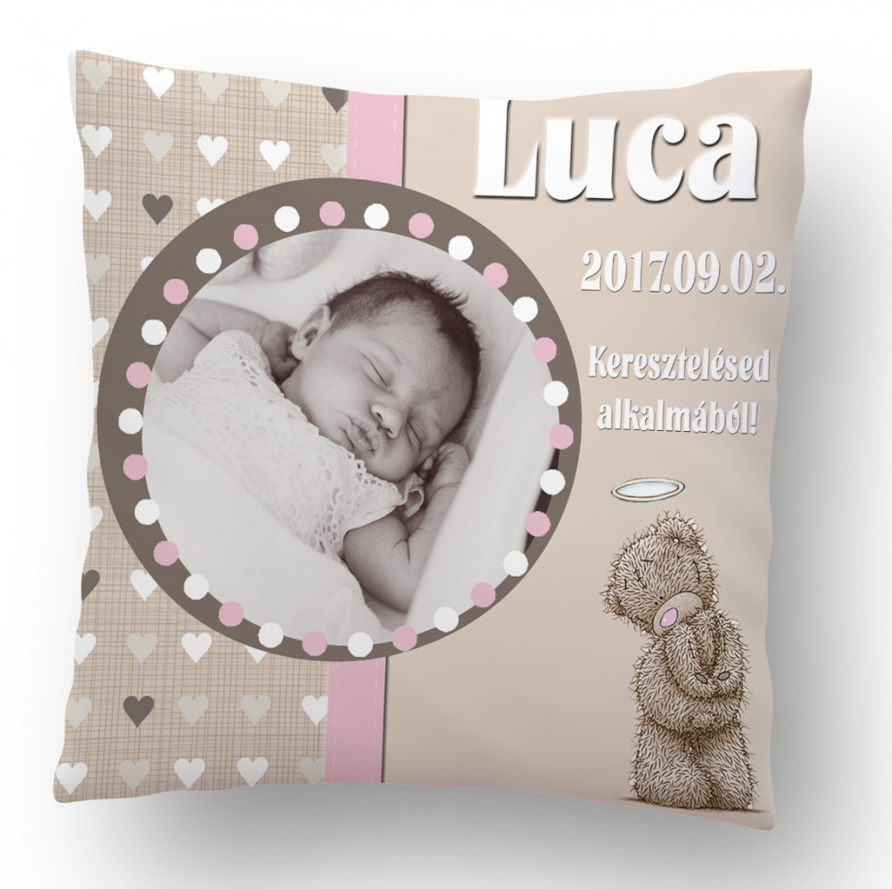Ajándék párna Keresztelőre fényképes angyal macis rózsaszín