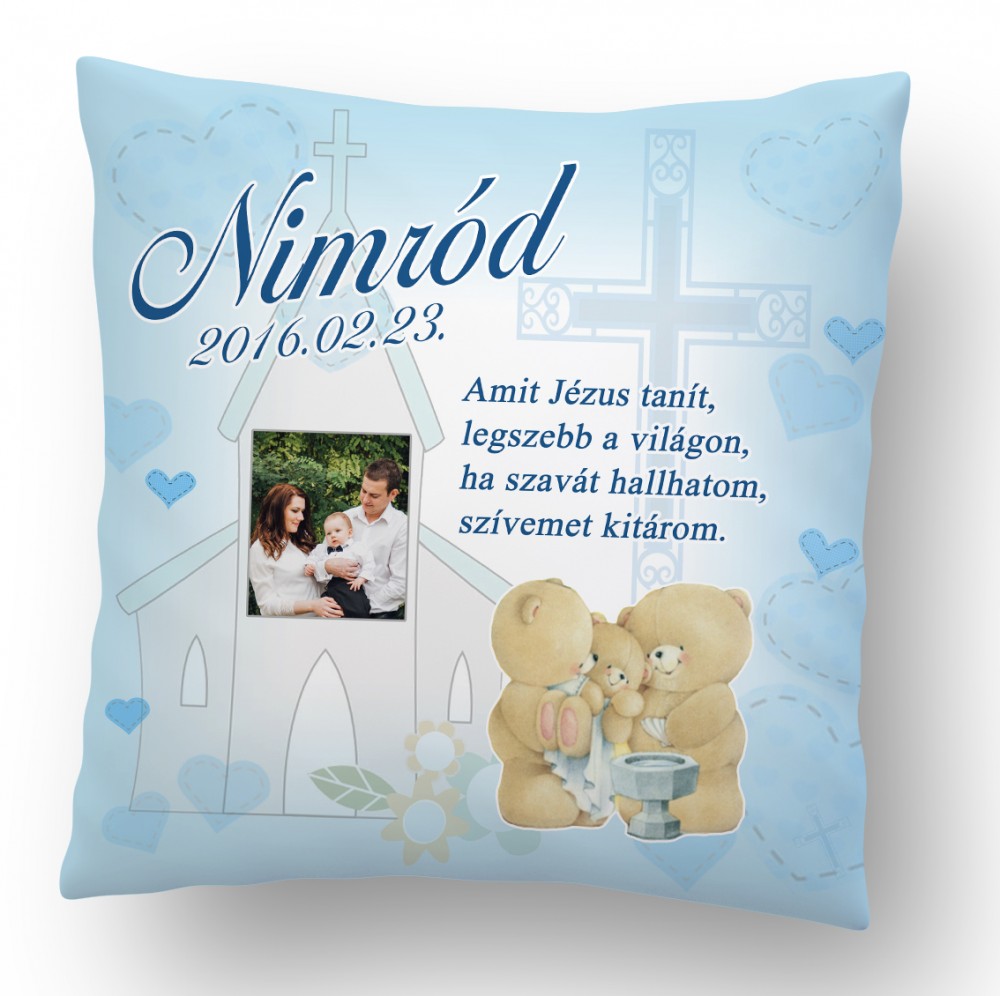 Ajándék párna Keresztelőre fényképpel templomos