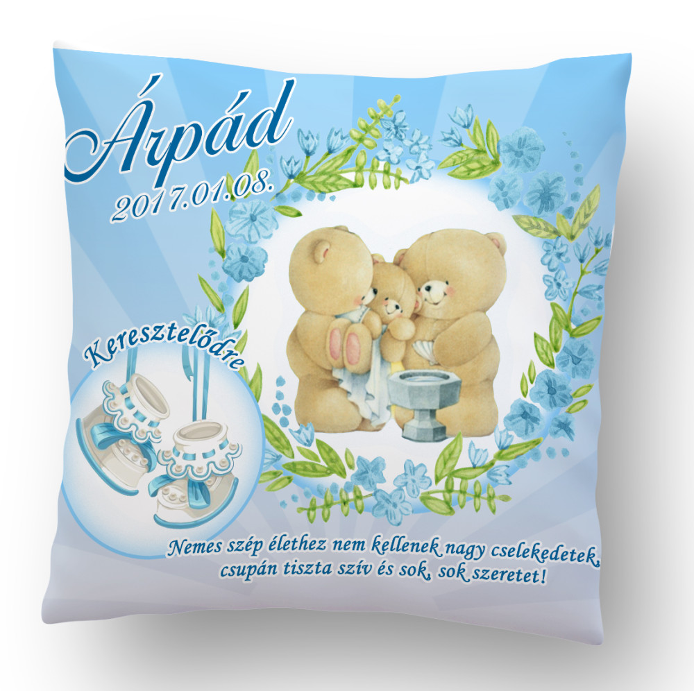 Ajándék párna Keresztelőre kék virágos