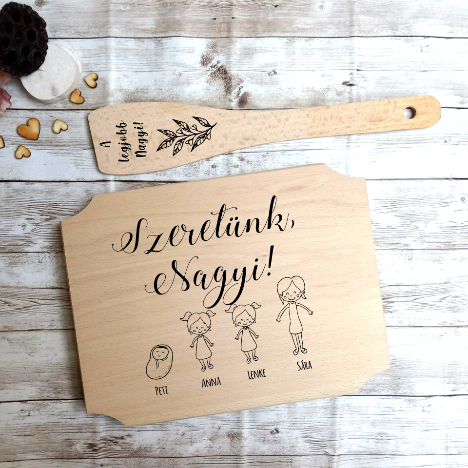 Vágódeszka és fakanál szett gyerek figurákkal