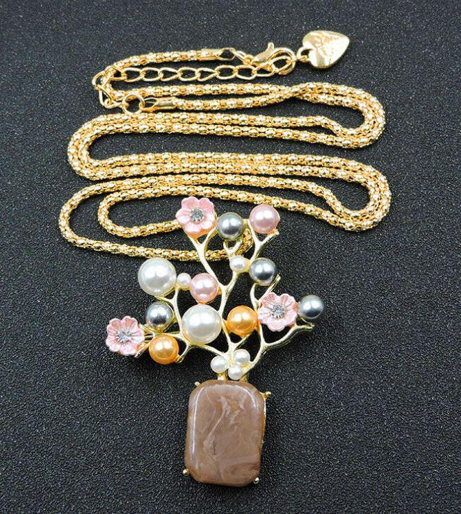 Bross kitűző BNY12 - Gyöngyös faág medál nyaklánccal 44x57mm