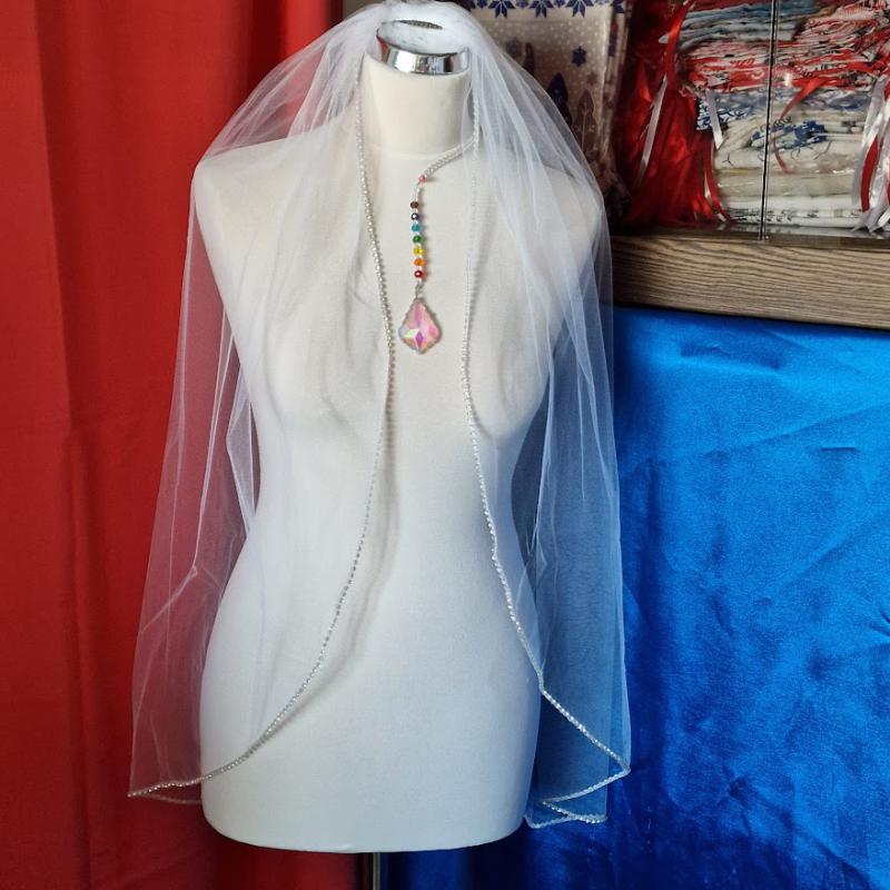 FTY142 - 1 rétegű köves szélű Hófehér menyasszonyi fátyol 90x130cm