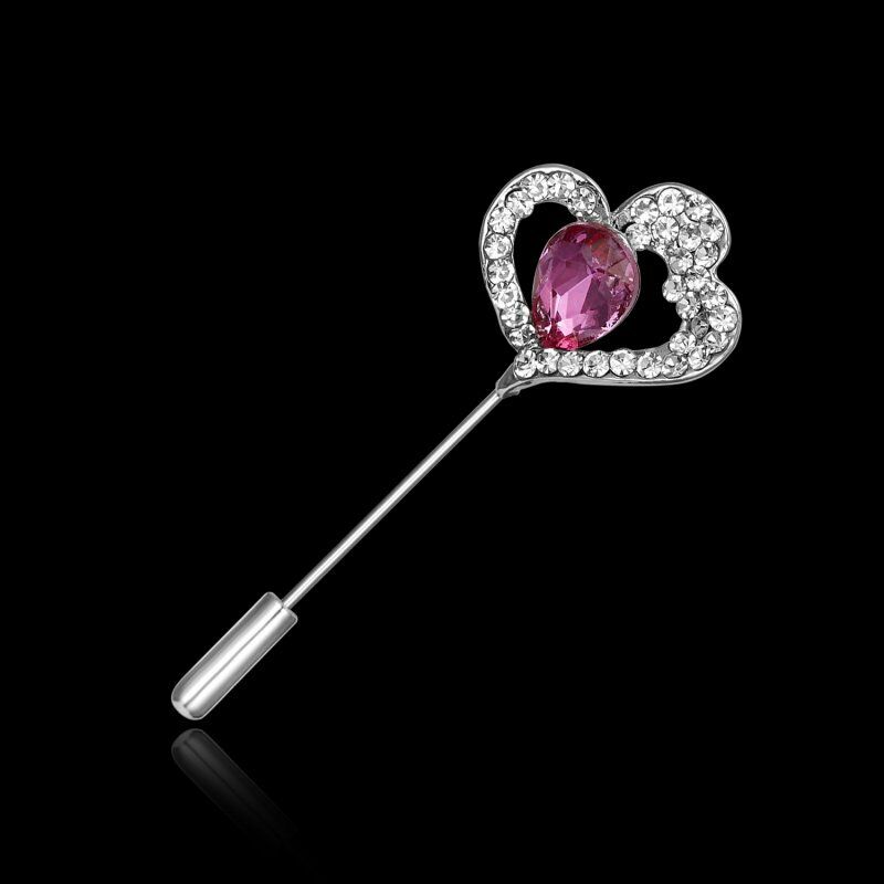 Hajtókatű kitűző HAT01 - Strasszköves dupla szív pink kővel 53x20mm