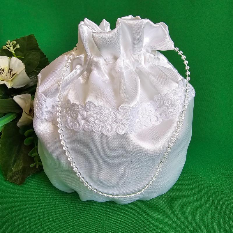 ESKÜVŐ MSZ25 - Menyasszonyi szütyő tatyó csipkés fehér szatén kistáska