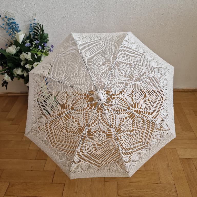 ESKÜVŐ ELE07 - Horgolt törtfehér színű menyasszonyi csipke napernyő