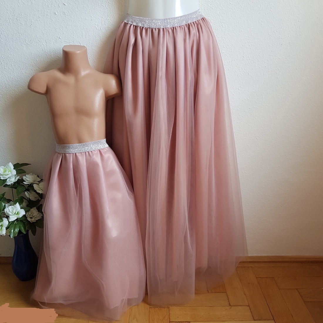 ESKÜVŐ ASZ36H48 - 5 rétegű maxi púderrózsaszín ANYA-LÁNYA tüll szoknya csillogós derékkal