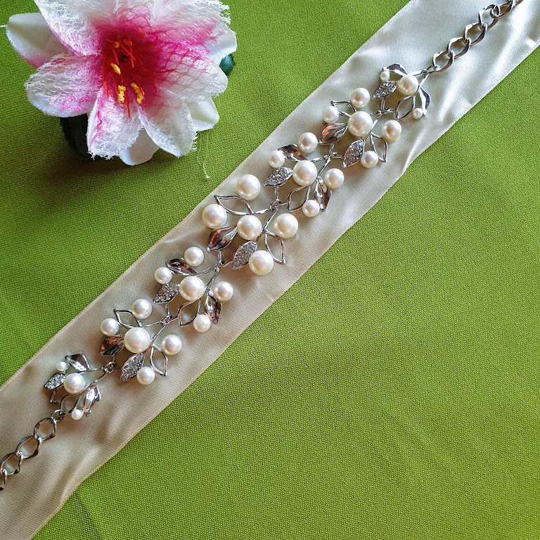 ESKÜVŐ MÖV20 - strasszköves gyöngyös menyasszonyi Öv Nyaklánc Hajdísz