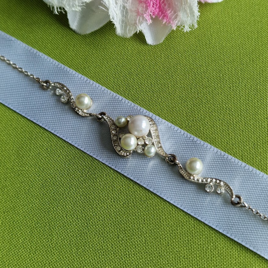 ESKÜVŐ MÖV54 - Strasszköves gyöngyös menyasszonyi Öv Nyaklánc 9x2cm