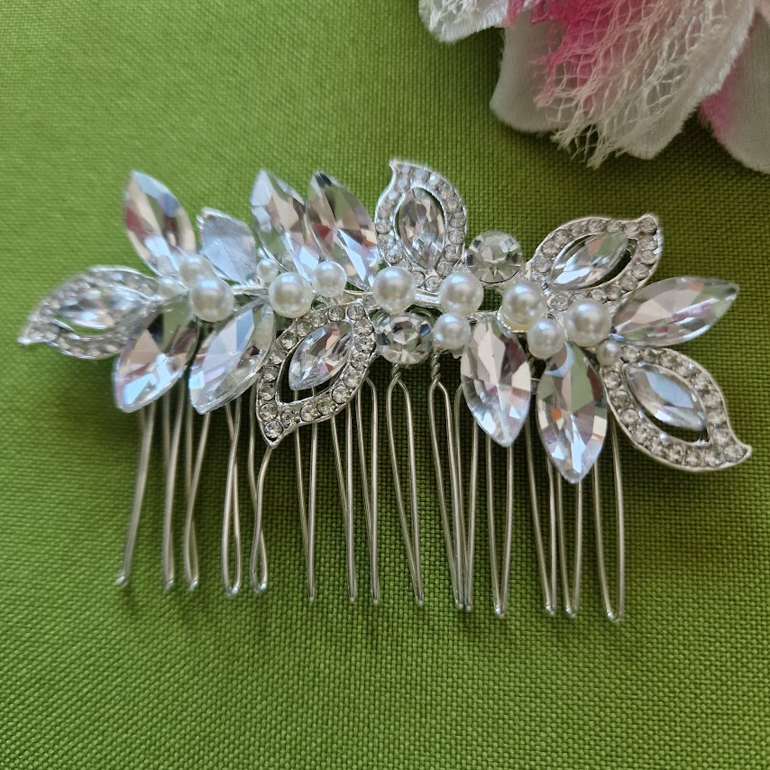 ESKÜVŐ HAD162 - Menyasszonyi strasszköves gyöngyös leveles hajfésű hajdísz