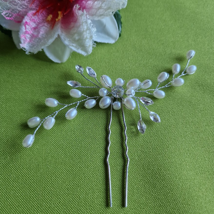 ESKÜVŐ HAD20 - Menyasszonyi hajdísz kristályköves fehér gyöngyös hajtű