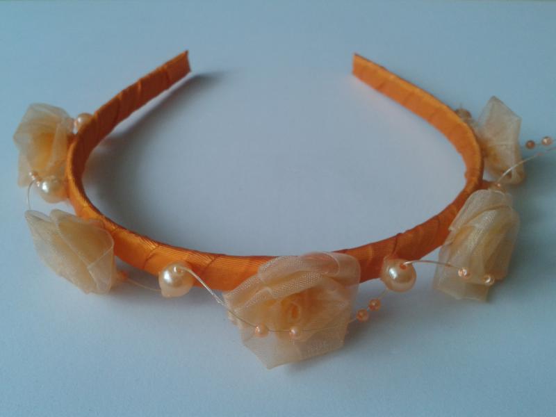 ESKÜVŐ HPT29 - Organza virágos narancssárga hajpánt hajráf