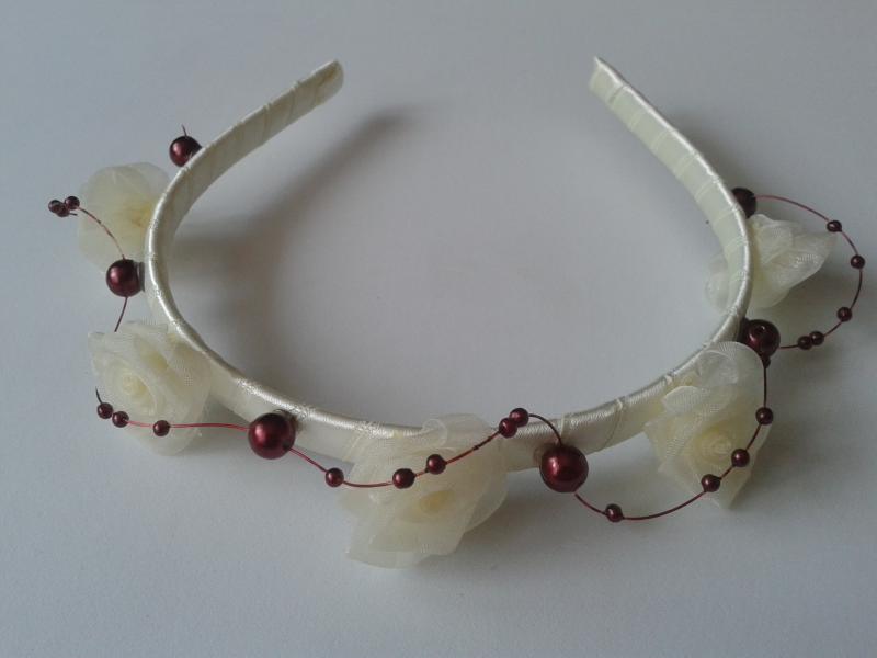 ESKÜVŐ HPT27 - Organza virágos halványsárga hajpánt hajráf