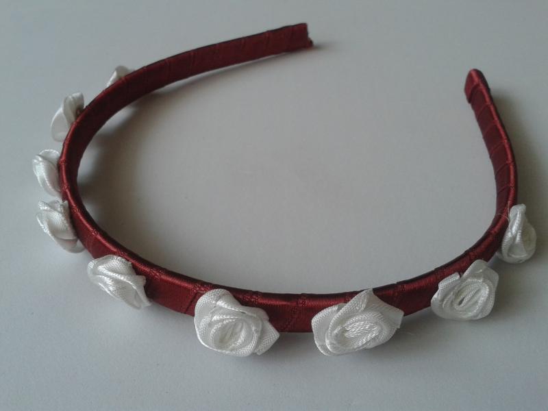 ESKÜVŐ HPT22 - Fehér szatén rózsás bordó hajpánt hajráf