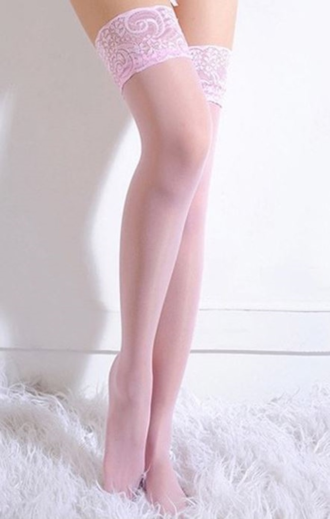 ESKÜVŐ FEN03 - Szexi elasztikus babarózsaszín csipkés harisnya combfix