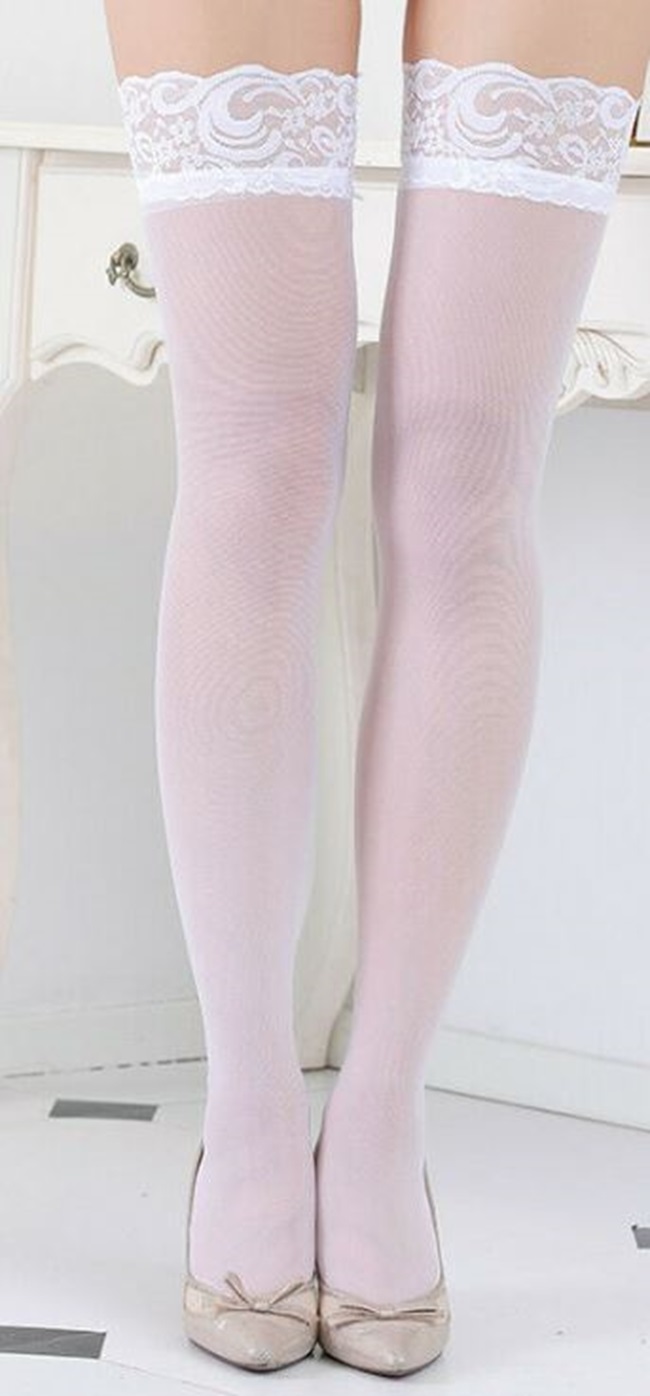 ESKÜVŐ FEN07 - Szexi elasztikus fehér csipkés harisnya combfix