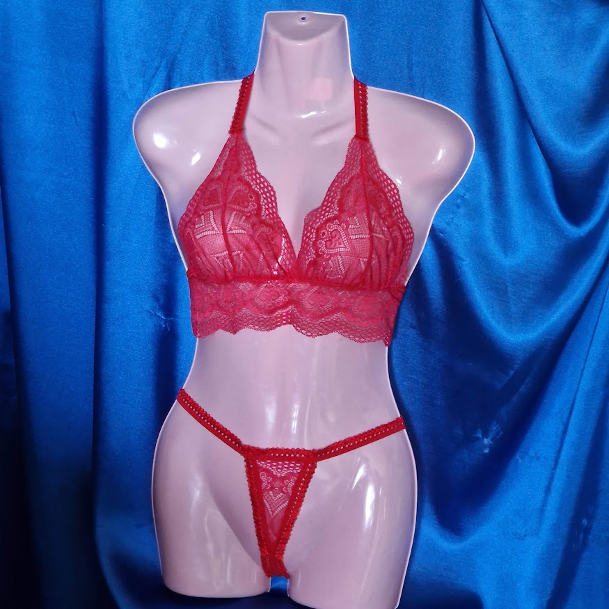 FEN131 - Női fehérnemű - Piros csipke melltartó és nyitott tanga