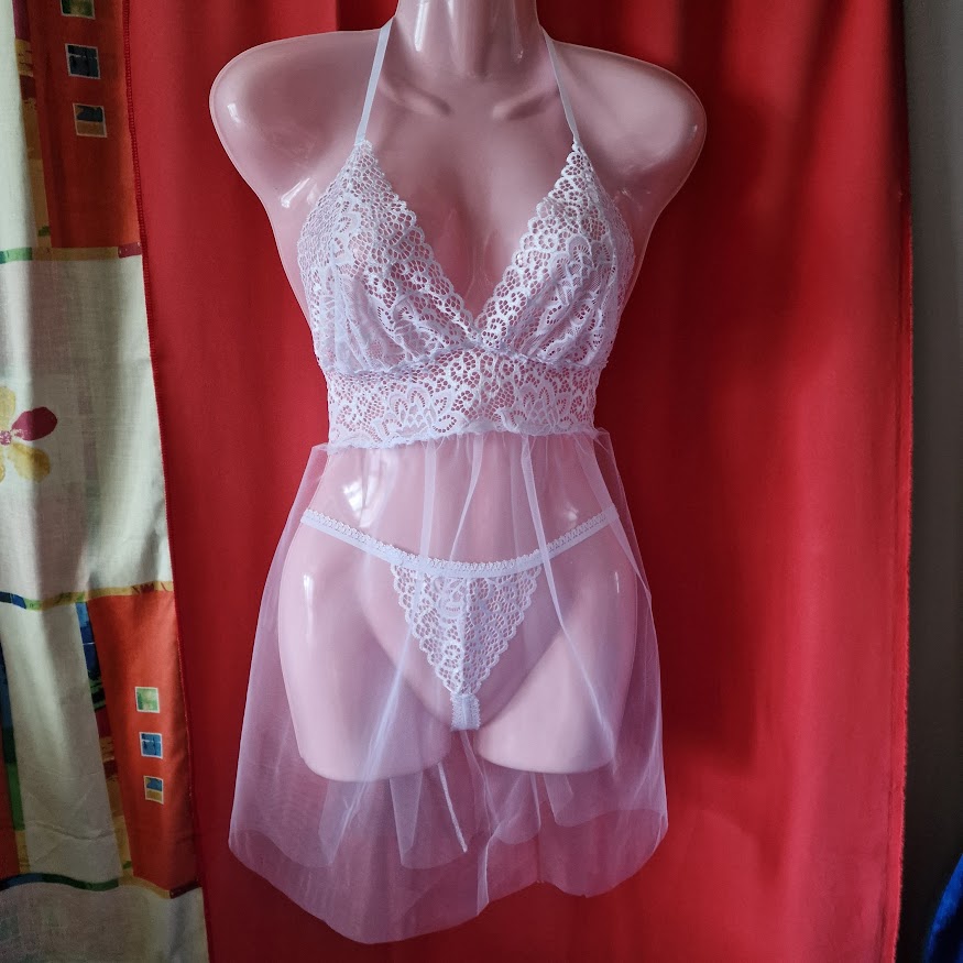 FEN128 - Női fehérnemű szett - Tüll csipkés babydol hálóing nyitott tangával