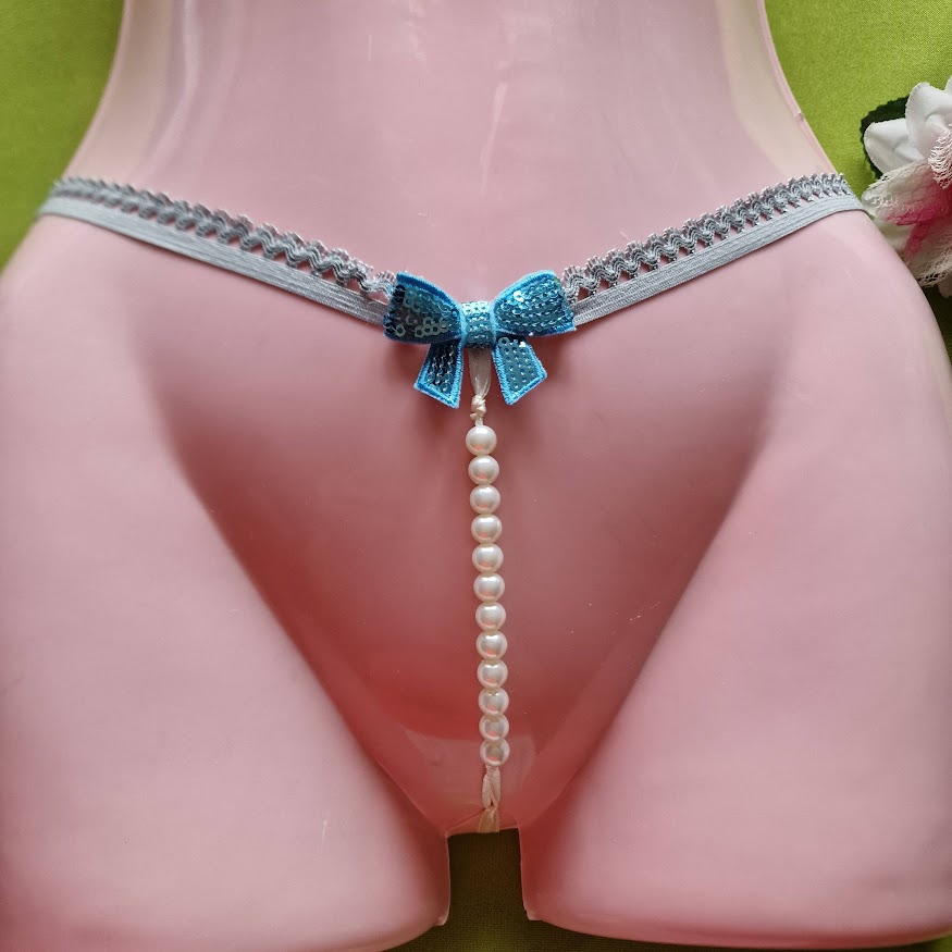 FEN55E - Női fehérnemű - Türkizkék masnis gyöngyös G-string tanga bugyi