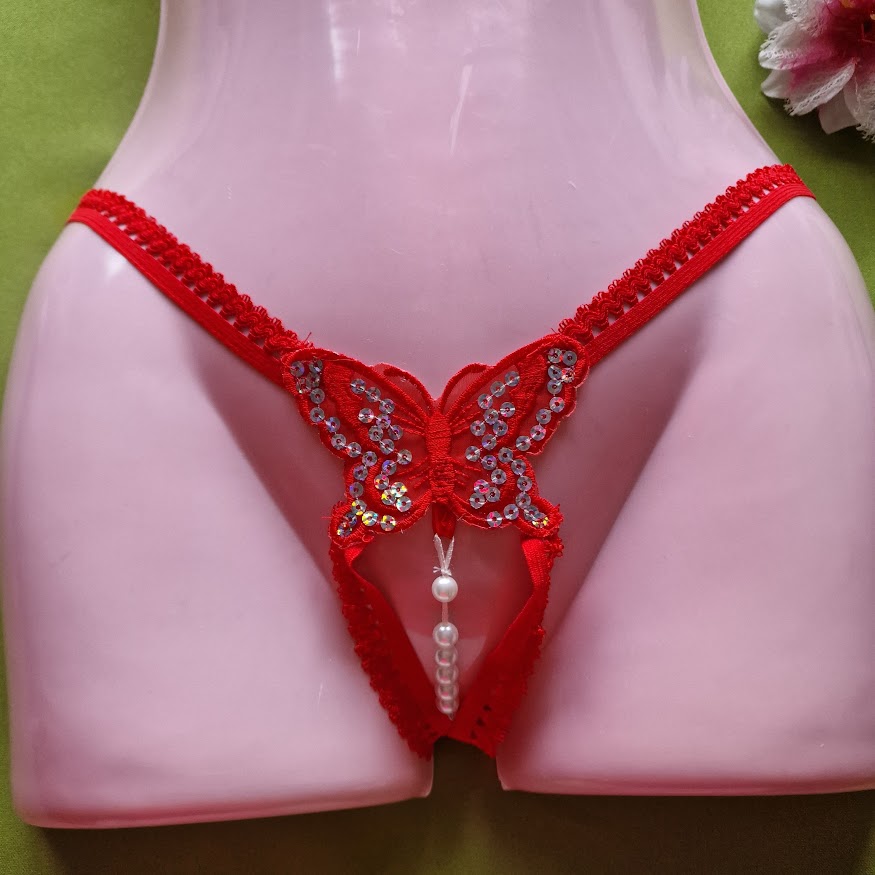 FEN105 - Női fehérnemű - Pillangós gyöngyös piros G-string tanga bugyi
