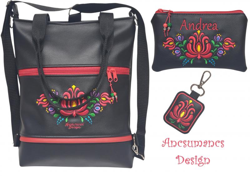Hímzett 4in1 Matyó virágos szett Hungarian Folkart28 táska-neves pénztárcával-kulcstartó