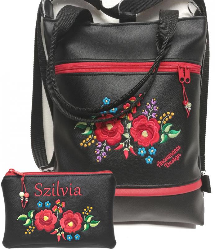 Hímzett 4in1 Kalocsai virágos szett Hungarian Folkart07 táska-neves pénztárca