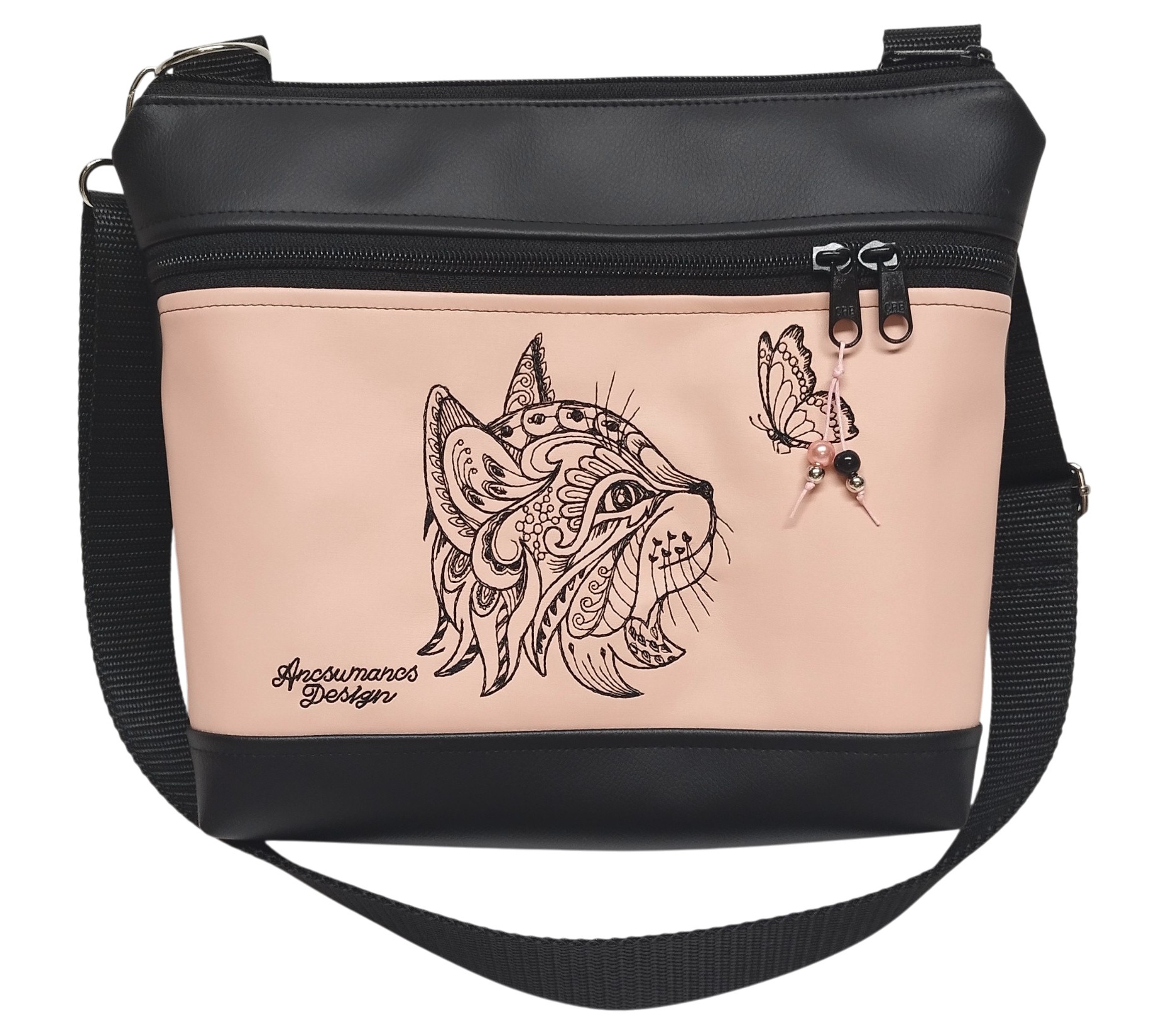 Bella crossbody oldaltáska 28x24cm - Hímzett cica pillangóval fekete-rose