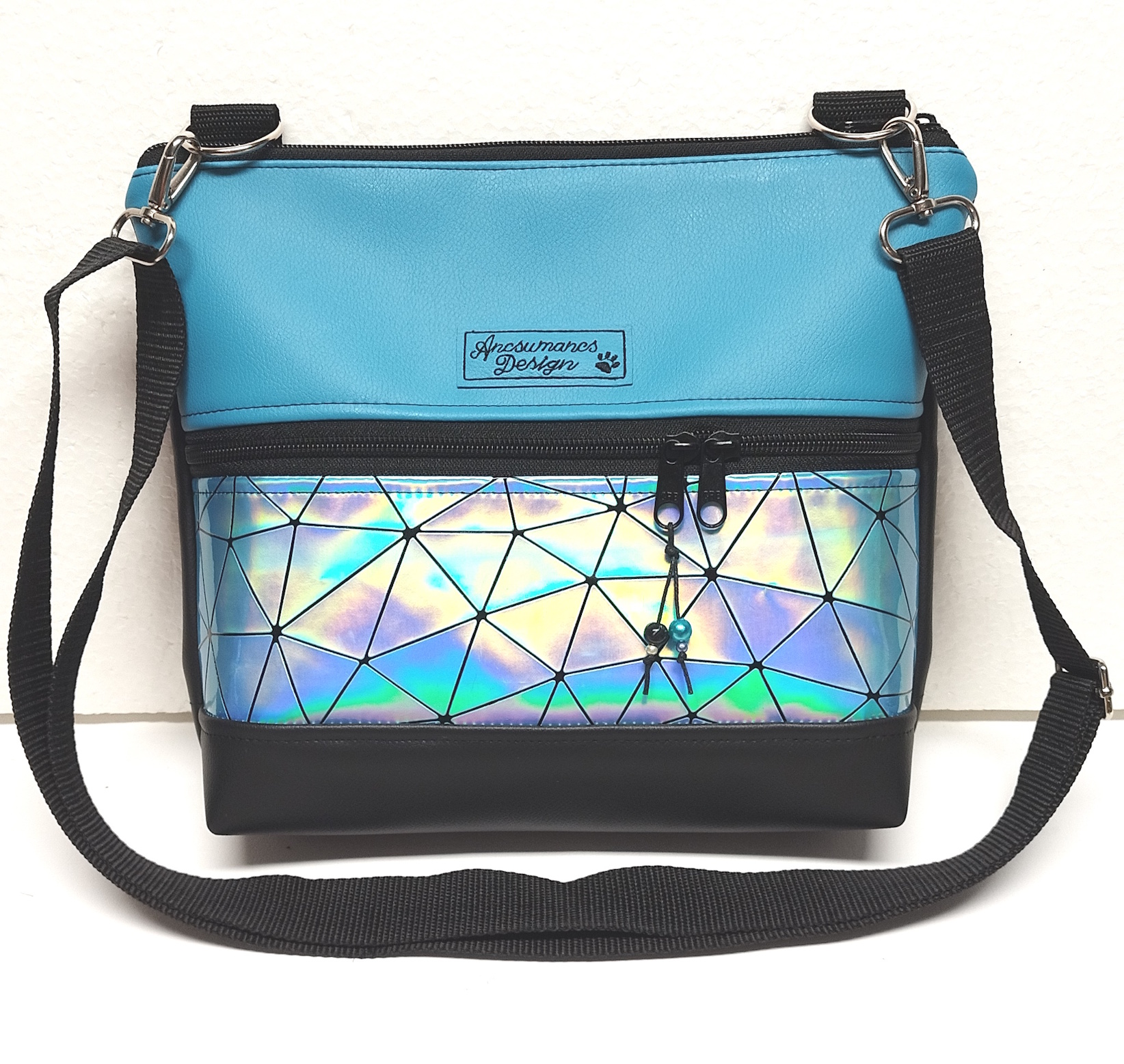 Bella crossbody oldaltáska övtáska 28x24cm - Türkiz lézerhologram