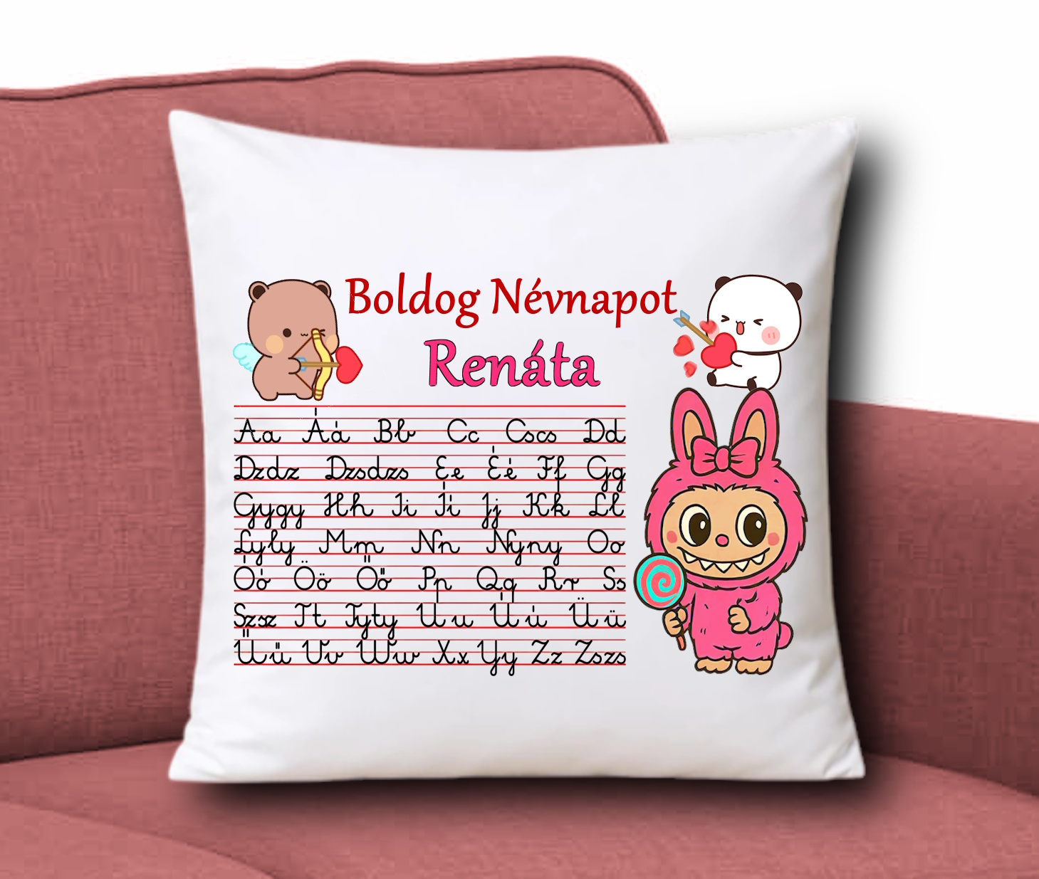 Játékos tanulás ABC mintás Neves párna 35x35cm - Boldog névnapot Labubu 001
