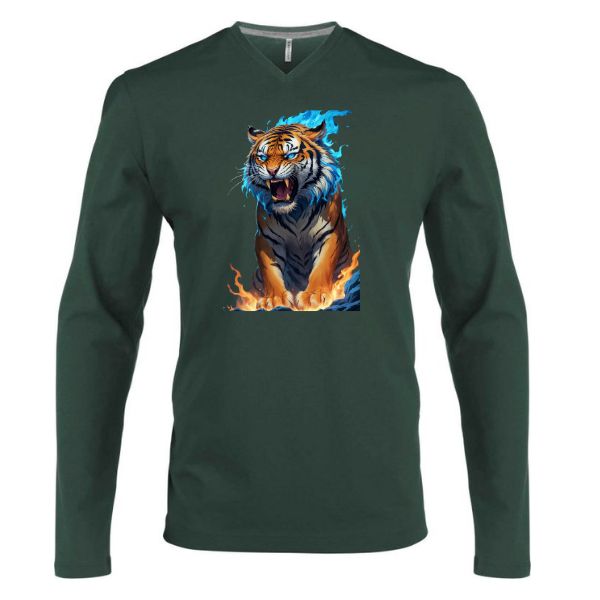 Tigris-hosszú ujjú V-nyakú póló-sötétzöld