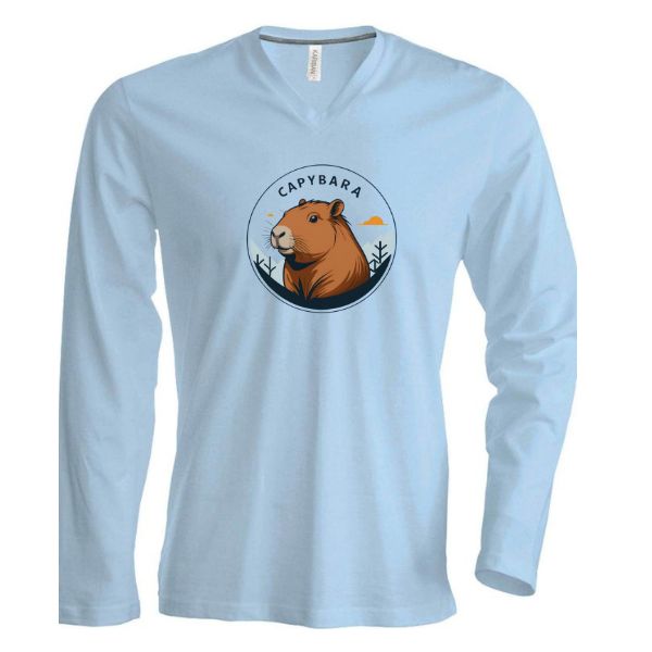 Capybara-hosszú ujjú V-nyakú póló-világoskék